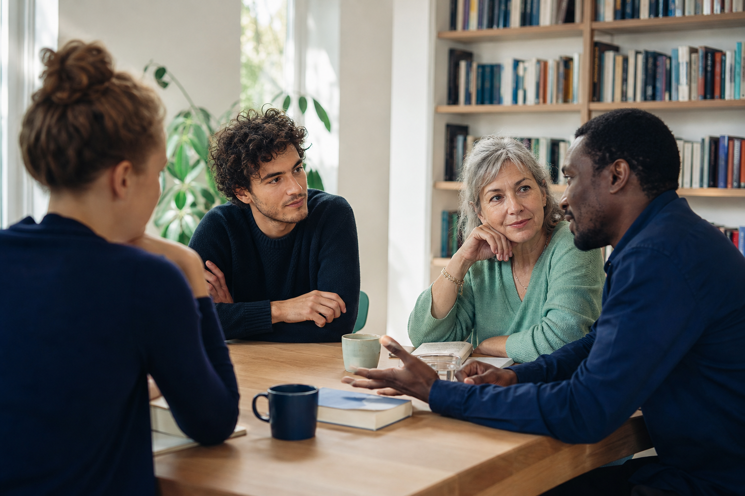 Vier volwassenen luisteren naar elkaar tijdens een gesprek aan een houten tafel