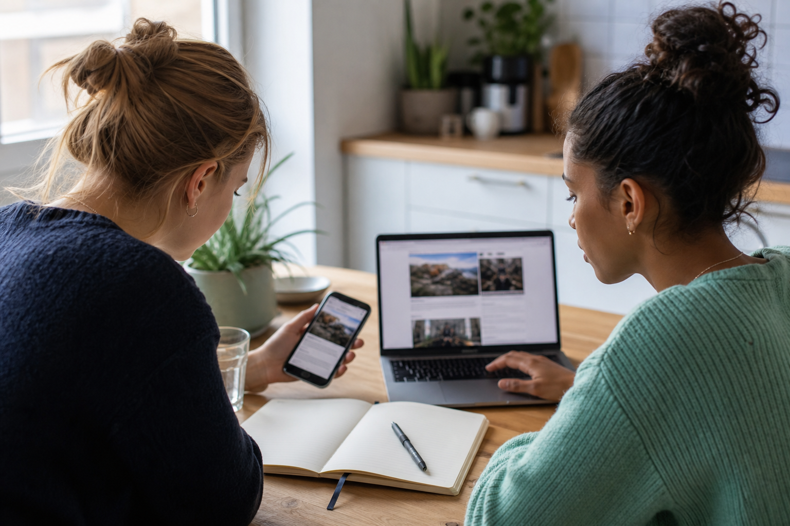 Twee mensen vergelijken een nieuwsbericht op telefoon en laptop